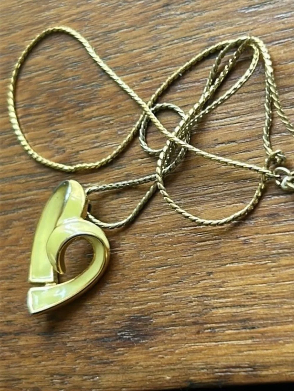 Sliding Open Heart Pendant Necklace Yellow Enamel Gold Tone Vintage 1968 MONET